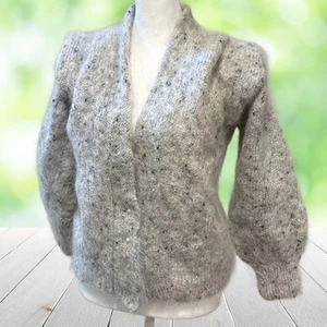 Cardigan vintage mohair maglione donna grigio medio pastello confetti anni 80 Londra - Foto 1 di 10