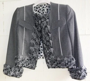 Gianfranco Ferre Black White Cotton/Rayon/Silk Crop Jacket Fringed Layers Trim-S - Picture 1 of 20