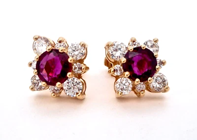 14K YELLOW GOLD GENUINE ROUND RUBY AND DIAMOND EARRINGS - Image 1 of 4