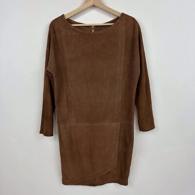 Ann Taylor Vintage Suede Leather Dress sz L Cognac Brown Wrap Effect 80's Retro - Image 1 of 4
