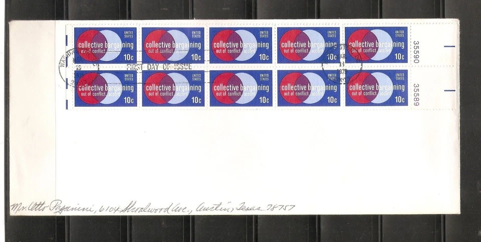 US SC # 1558 Collective Bargaining FDC. Block Of 10. No Cachet.# 12 Envelope - Image 1 of 1