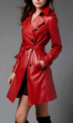 Genuine Classic Women's Trench Coat Red Handmade Lambskin Leather Casual Stylish - Image 1 of 4