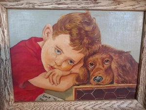 L Hanlon BOY WITH HIS DOG Crying Sold Shipping Away Cocker Spaniel 1950s - Picture 1 of 6