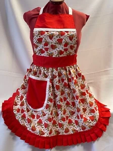 RETRO VINTAGE 50s STYLE FULL APRON / PINNY - TEDDY BEARS & HEARTS on WHITE - Picture 1 of 8