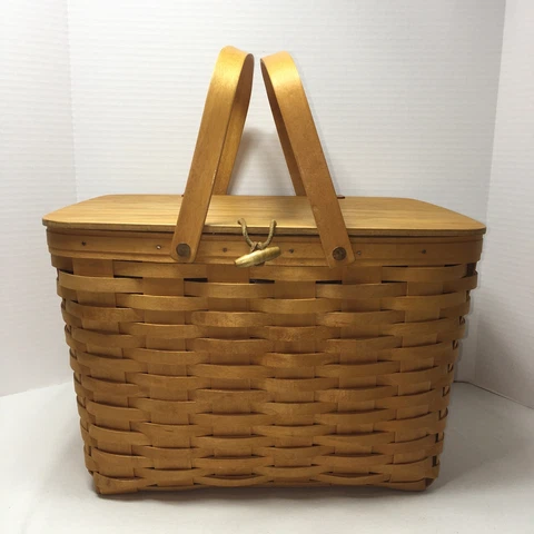 Longaberger Picnic Basket Leather Hinged Lid Plastic Protector Wood Riser 1999 Cover