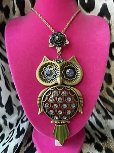 Betsey Johnson Vintage Vampire Slayer HUGE Bronze Owl Black Rose Long Necklace - Picture 1 of 6