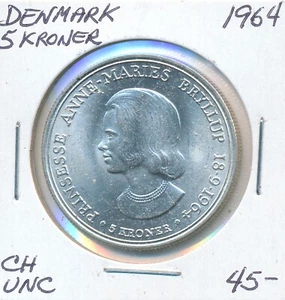 Denmark 5 Kroner 1964 Princess Anne-Marie Wedding - Choice UNC - Picture 1 of 2