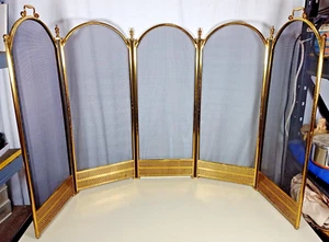 Vintage Shiny Brass Lattice Detail Folding Fireplace Screen Mesh 5 Panel 35 Tall - Picture 1 of 7