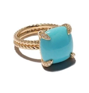 4 Ct Cushion Cut Simulated Turquoise Women's Wedding Ring 14K Yellow Gold Plated - Picture 1 of 7