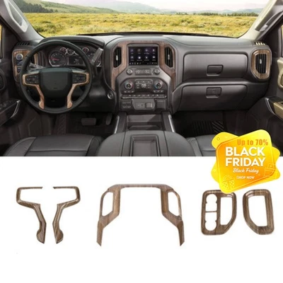 Center Console Trim Cover For Chevy Silverado 2019-25 Wood Grain 5pc Accessories - Image 1 of 4