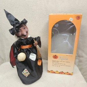 Vintage Pumpkin Time Halloween Figur böse Hexe Besen Totenkopf batteriebetrieben - Bild 1 von 7