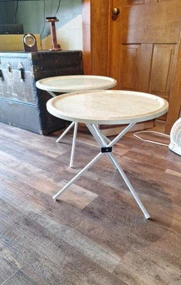 Vintage 70s Round Metal Patio Tables White Cream Swirl 18.75" H x 19 1/8" D Lot2 - Image 1 of 4