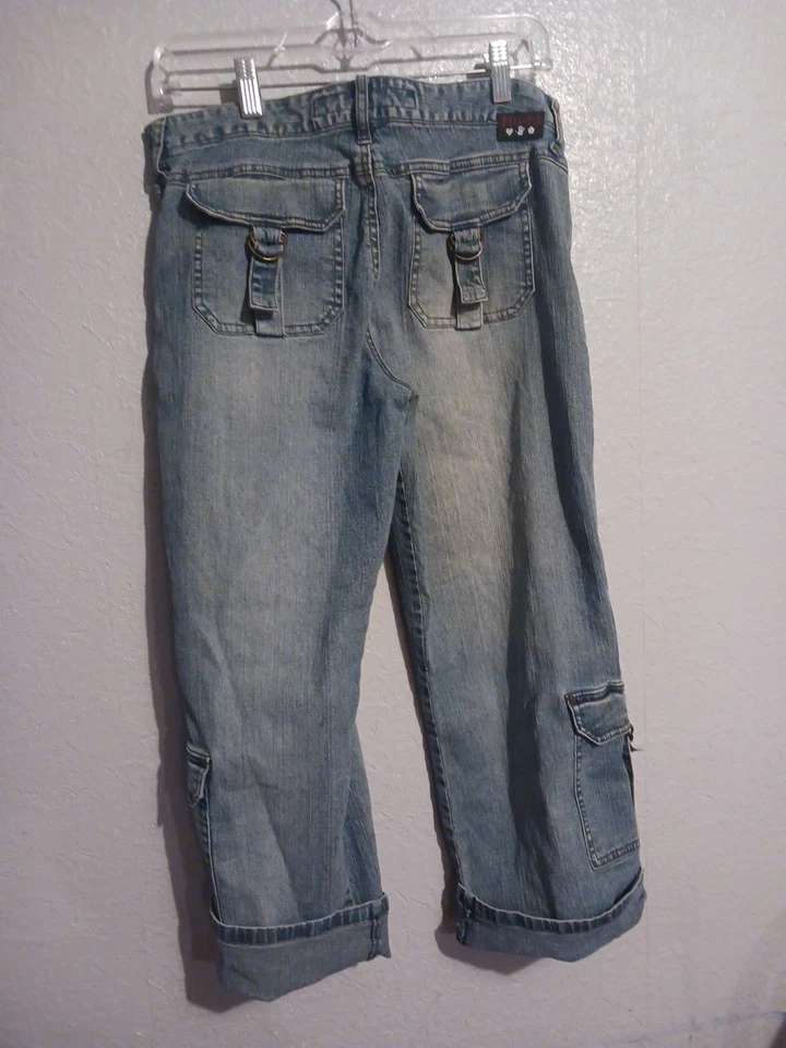 Mudd Y2KDenim Capris Mujer Junior Talla 13 Puños Cinturón Solapa Bolsillos Foto 1 de 4