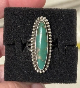 Native Navajo Sterling Silver Green Turquoise Ring Size 5.75 Signed Elongated - Picture 1 of 14