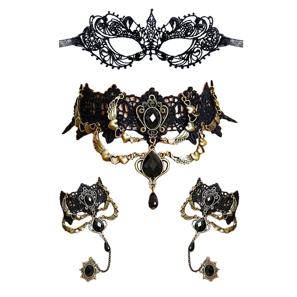 Conjunto de 3 piezas de disfraces de fiesta con pulsera gargantilla de encaje máscara de mascarada para mujer Foto 1 de 1