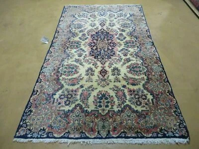 Antique Kirman Rug 3.9 x 6.6 Floral Oriental Carpet Cream Blue Pink Wool Nice - Image 1 of 4