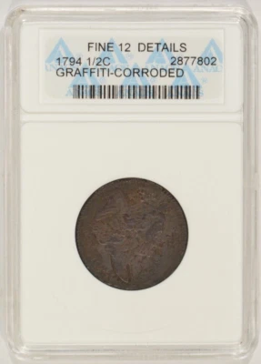 1794 Liberty Cap Half Cent 1/2c ANACS F12 Details Corroded Graffiti 2877802 - Image 1 of 4