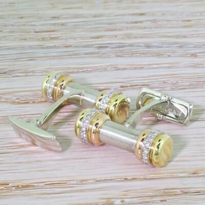 Late 20th Century 925 Two Tone Silver With Vivid White Cubic Zirconia Cufflinks - Image 1 of 4