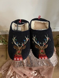 JOULES Christmas Slippers Slippet Mens UK9-10 & 11-12 Blue Reindeer XMAS NEW - Picture 1 of 21