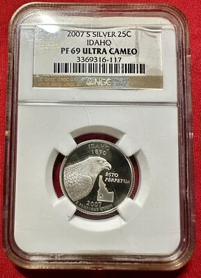 2007 S SILVER 25 Cent Idaho Quarter PF 69 Ultra Cameo NGC Certified - Image 1 of 2