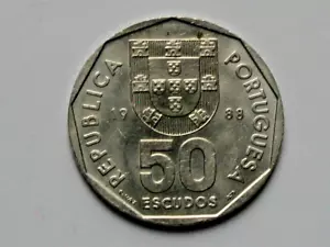 1988 PORTUGAL Coin - 50 Escudos - AU toned-lustre - ship at sea above fish - Picture 1 of 2