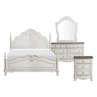 4 PC DREAMY ANTIQUE WHITE 4 PC QUEEN BED NS DRESSER MIRROR BEDROOM FURNITURE SET - Image 1 of 4
