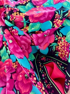 大号 45 英寸花卉围巾披肩亮紫色多花黑色条纹意大利复古 — 第 1/4 张图片