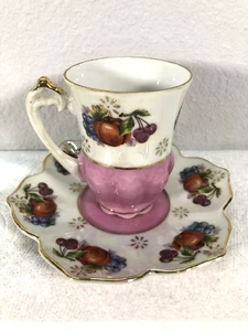 Porcelain Demitasse Cup and Saucer Pink Fruit Gold Trimmed  - Picture 1 of 8