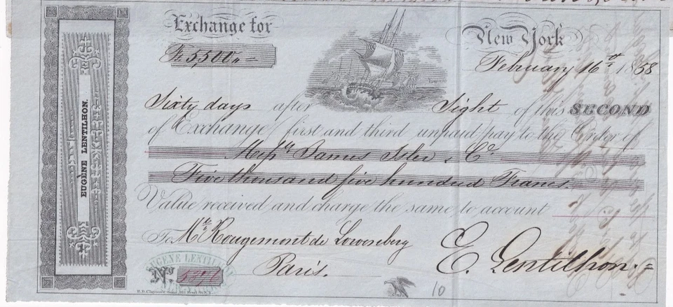 Eugene Lentilhon 1858 New York to Paris Bill of Exchange Shipping Vignette - Image 1 of 1
