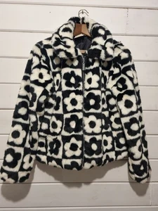 Skinny Dip Faux Real Jacket Black and White Flowers Size M Zip Up Retro VGC - Picture 1 of 16