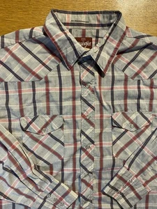 VTG Wrangler Pearl Snap Shirt XL 17.5 Western Plaid Gray Burgundy USA Rare Tag - Picture 1 of 9
