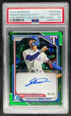 2024 Bowman Sebastian Walcott Chrome Prospect Auto Green Lava #4/99 PSA 10 - Image 1 of 2