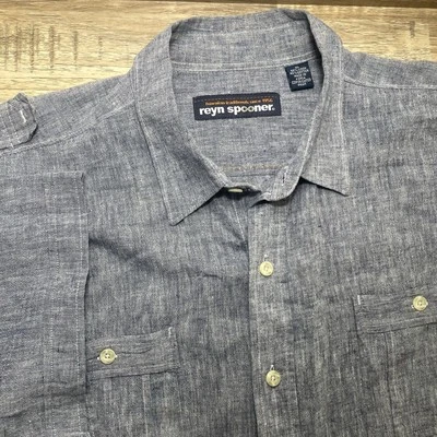 Reyn Spooner Short Sleeve Pocket Epaulets Linen Blend Shirt Mens XL Blue EUC - Image 1 of 4