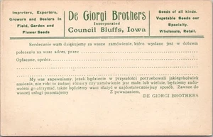 c1910s COUNCIL BLUFFS, Iowa Ad Postcard DE GIORGI BROTHERS SEEDS / in POLISH - Picture 1 of 2