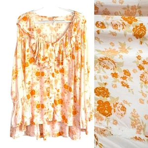 Free People Blouse Floral Womens XS Oversized Ruffle Boho Peasant Romantic - Picture 1 of 10
