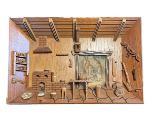 Vintage Mexican Shadow Box Diorama Kitchen Scene Hunting Cabin 1960's MCM - Picture 1 of 5