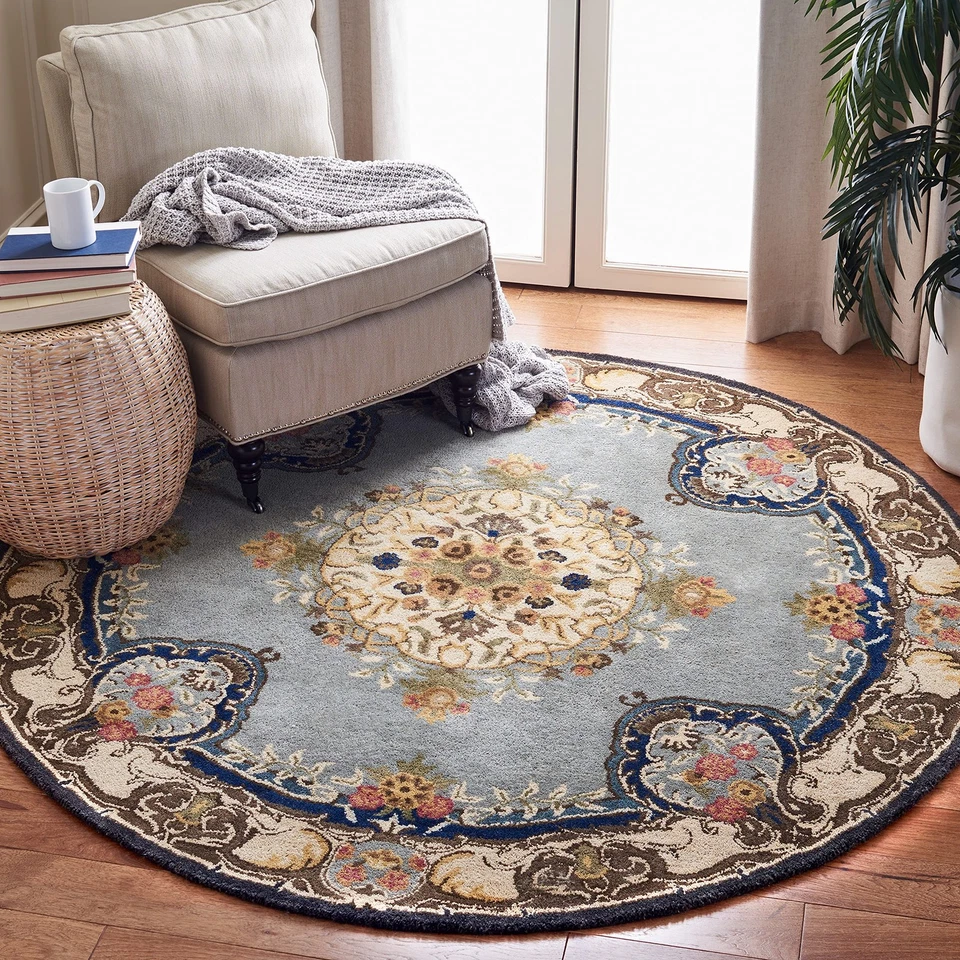 Bergama Collection Area Rug - 4' Round, Light Blue & Ivory, Handmade Oriental... - Image 1 of 3