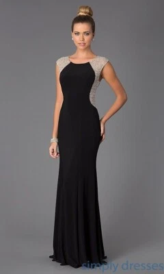 XSCAPE Vestido Sirena Jersey Negro Desnudo Plateado Con Cuentas Adornado Espalda 6P 🖤 Foto 1 de 4