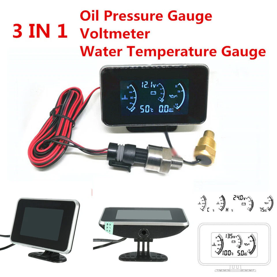 3In1 Car Truck LCD Digital Display Voltmeter/Water Temp/Oil Pressure Gauge Meter - Image 1 of 4