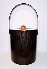 Vintage MCM Mocha Faux Snakeskin 3 Quart Ice Bucket Clear Cover Wooden Knob