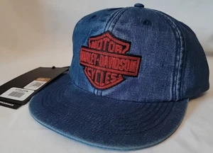 Harley Davidson Motocicleta Azul Denim Sombrero Rojo Logo Snapback Gorra Lavado Único - Imagen 1 de 6
