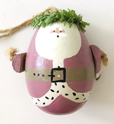 Santa Christmas Ornament Hand Painted Wood Egg St Nick with Arms 2.5" - Image 1 of 4