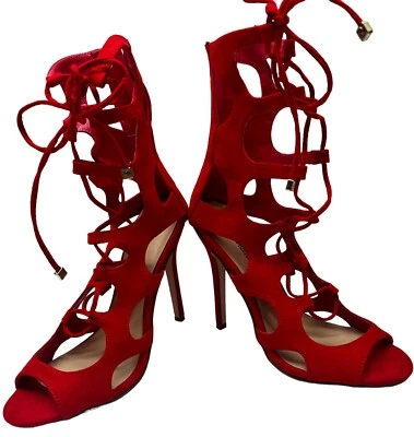 Sapato Feminino Breckelles Camurça Vermelha Gladiador com Cadarço 4,5" Stiletto Tamanho 8 - Imagem 1 de 4