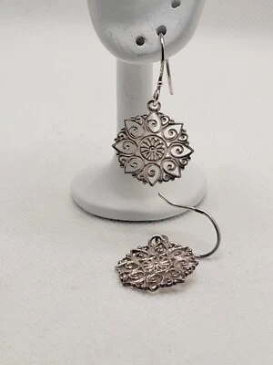 Sterling Silver Scroll Cut Out Round Dangle Earrings Marked 925 1.5" Drop 20mm - Image 1 of 4