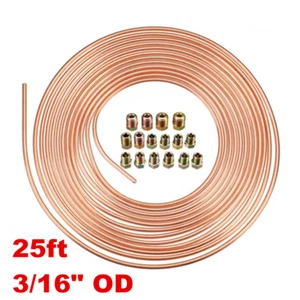 25ft 3/16" Car OD Copper Nickel Brake Line Tubing Piping Tube Hose W/Tube Nuts - Picture 1 of 15