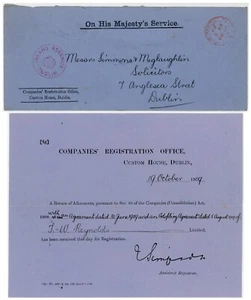 IRELAND 1909 LETTER CUSTOM HOUSE DUBLIN re REYNOLDS +OHMS OFFICIAL PAID ENVELOPE - Picture 1 of 4