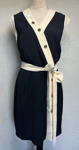 nwt Karen Millen Belted Woven Sheath Dress US 6 Button Detailing Navy Ivory - Picture 1 of 10