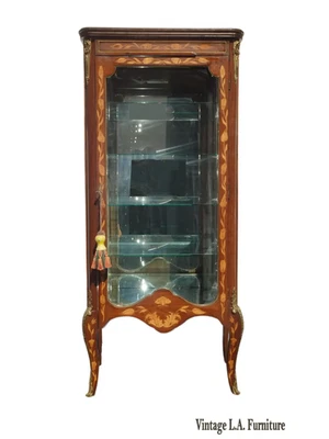 Antique French Louis XV Display Cabinet Vitrine w Marble Marquetry Brass Accents - Image 1 of 4