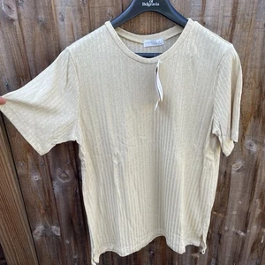 David Nieper Women’s Top Size S UK 10 Beige Ribbed Short Sleeve Luxury UK Made - Picture 1 of 8