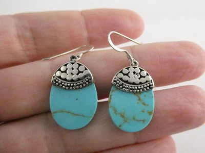 Sterling Silver Blue Dyed Howlite Hook Earrings 925 4.4g 1.25 Inch Length - Image 1 of 4